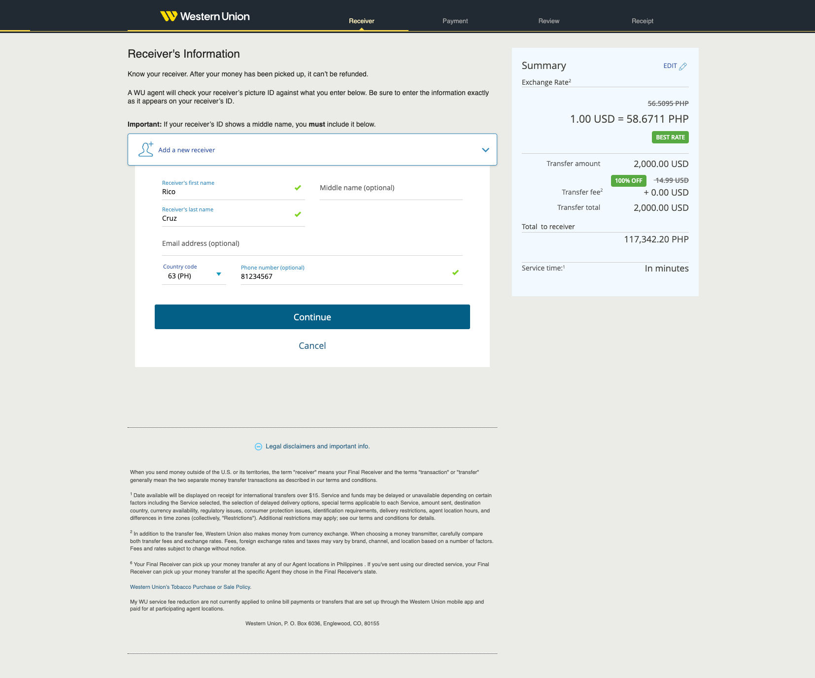 Add payment and receiver details