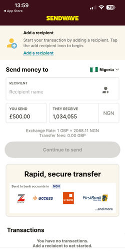 Sendwave es la forma más económica de enviar dinero desde España (EUR) a Marruecos (MAD) - Captura de pantalla de Sendwave