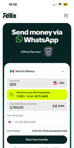 Felix is the cheapest way to send money from United States (USD) to Colombia (COP) - Felix Screenshot