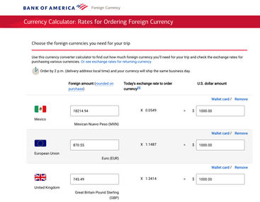 Bank of America foreign currency order exchange rates as of 7th August 2024.