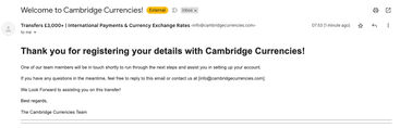 Cambridge Currencies Confirmation Email