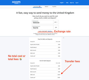 Xoom fees page